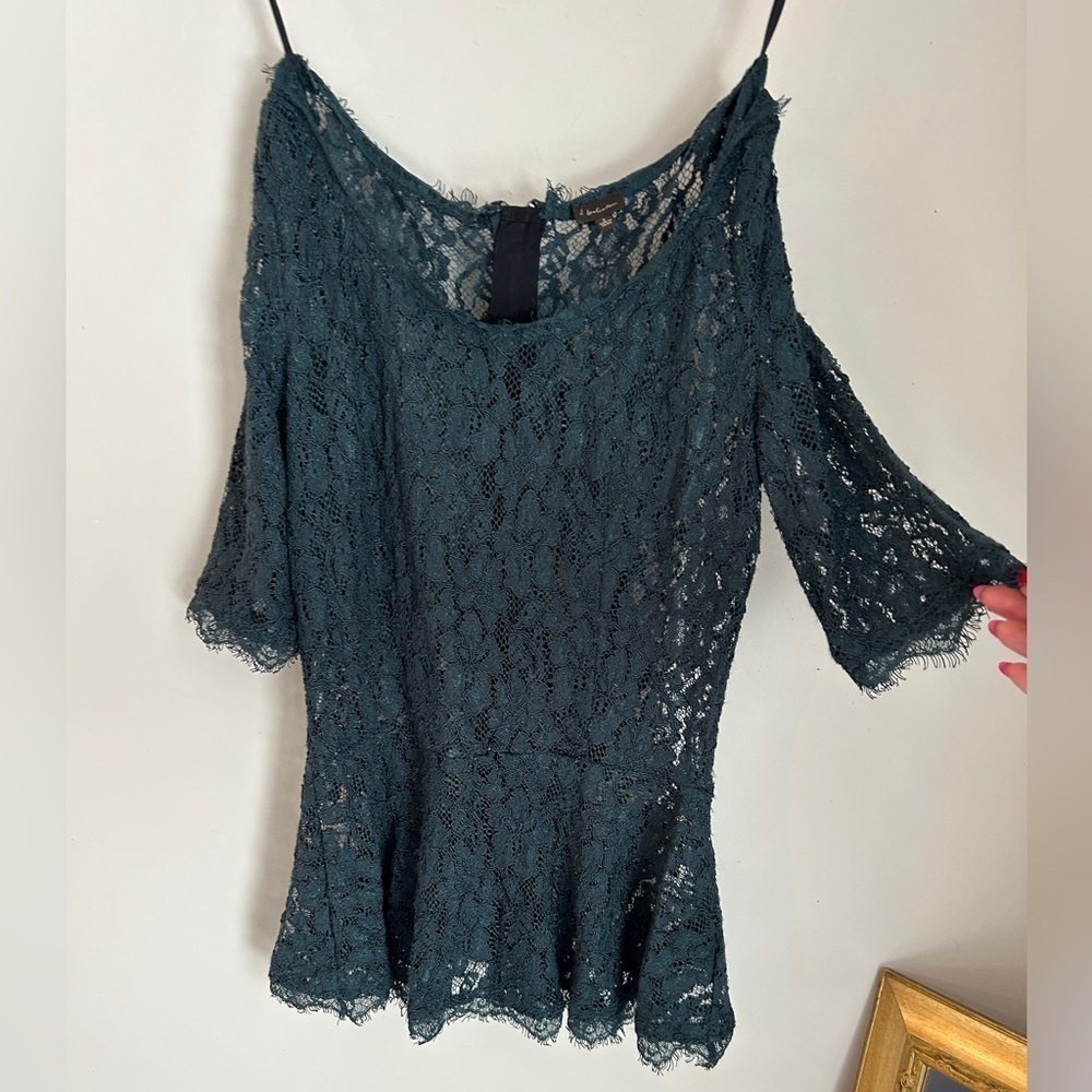 Babaton Forest Green/Blue Lace Peplum Blouse Size 2 - Picture 6 of 8